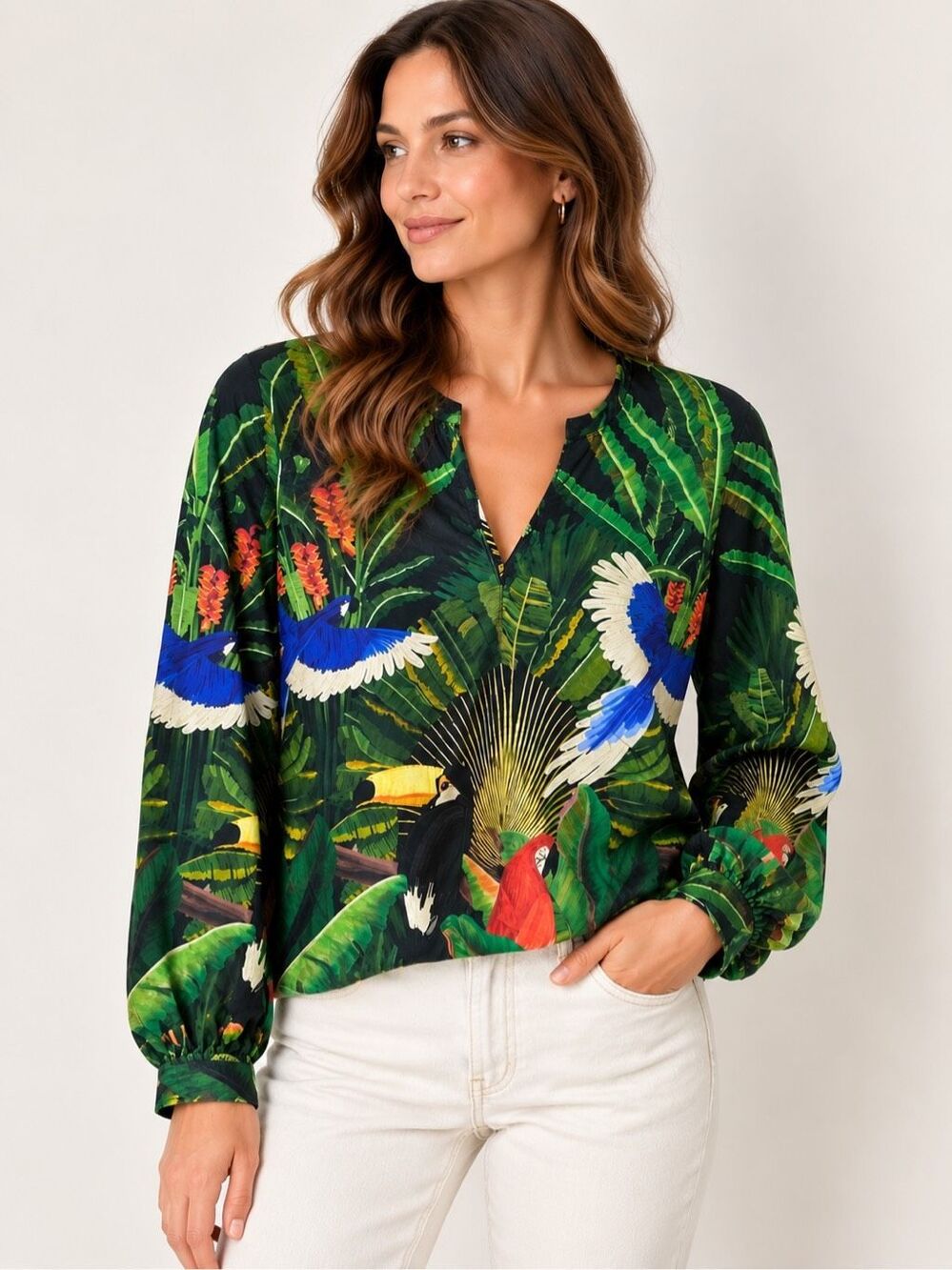 Farm Rio x Anthropologie Adriana Top Size XS Parrot Macaw Tropical Green Leafy